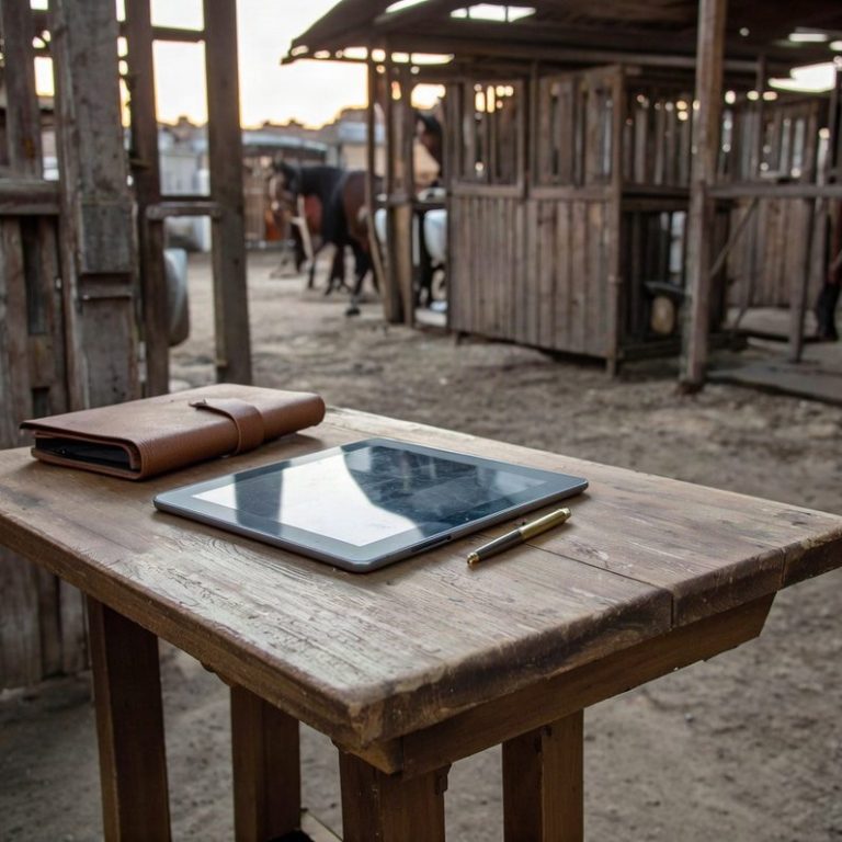 Tablet mit Stift und Notizbuch auf einem rustikalen Holztisch, Stallgebäude im Hintergrund